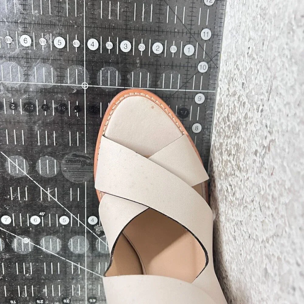 Loeffler Randall Women Size 10B Cream Beige Leather Peep Toe Buckle Heel Sandal